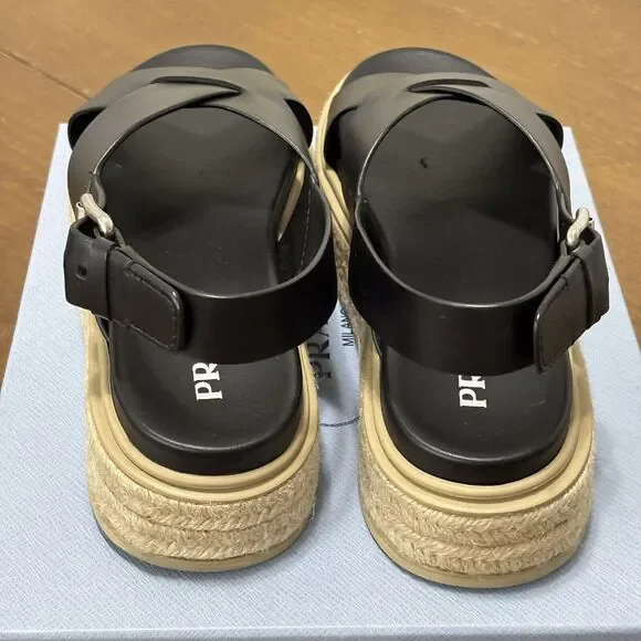 Prada Size 9 EU40 Black Leather Flatform Espadrilles Slingback Platform Sandals - Picture 4 of 8